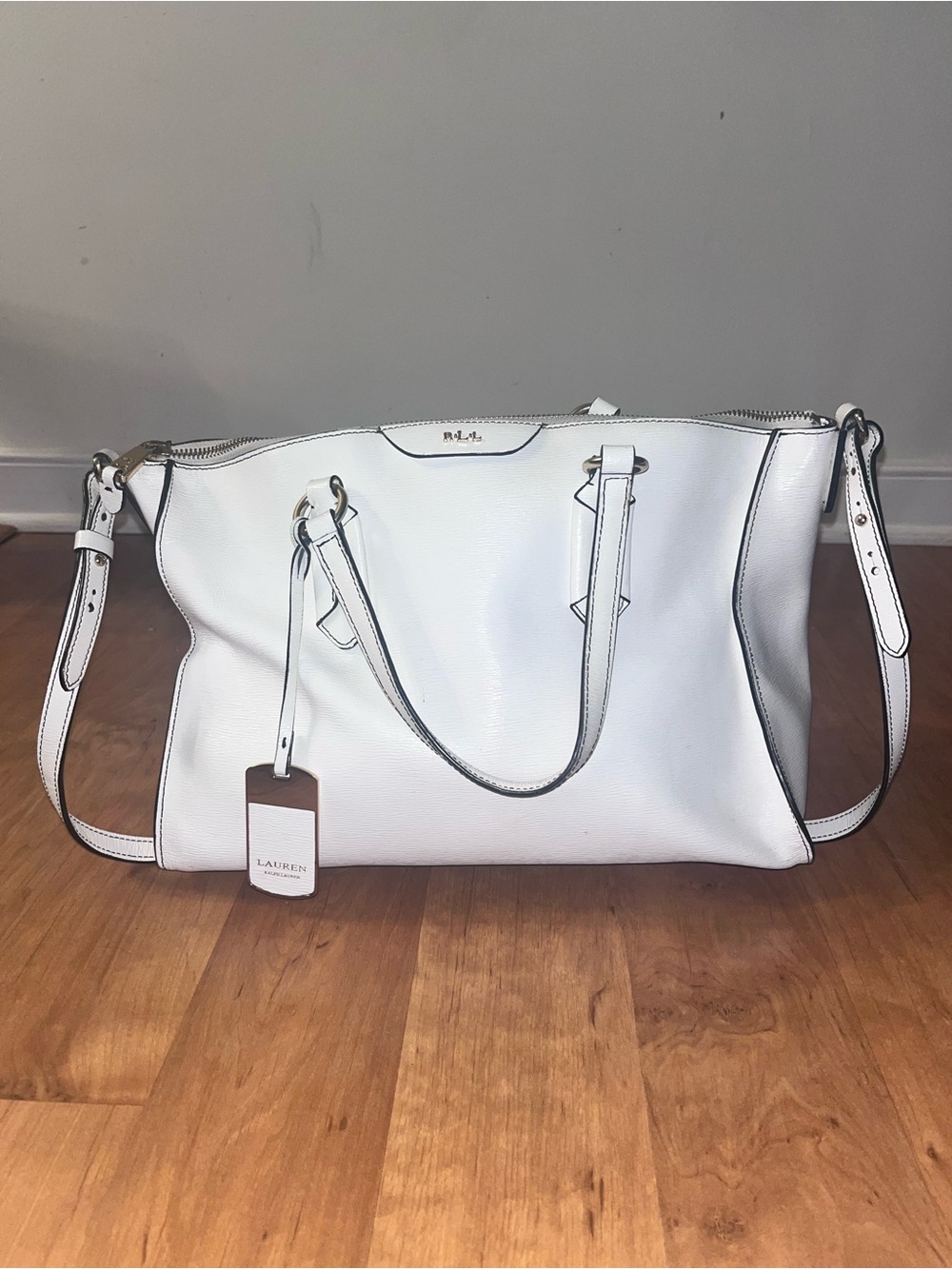 Lauren Ralph Lauren White Pebbled Leather Tote with Removable Strap